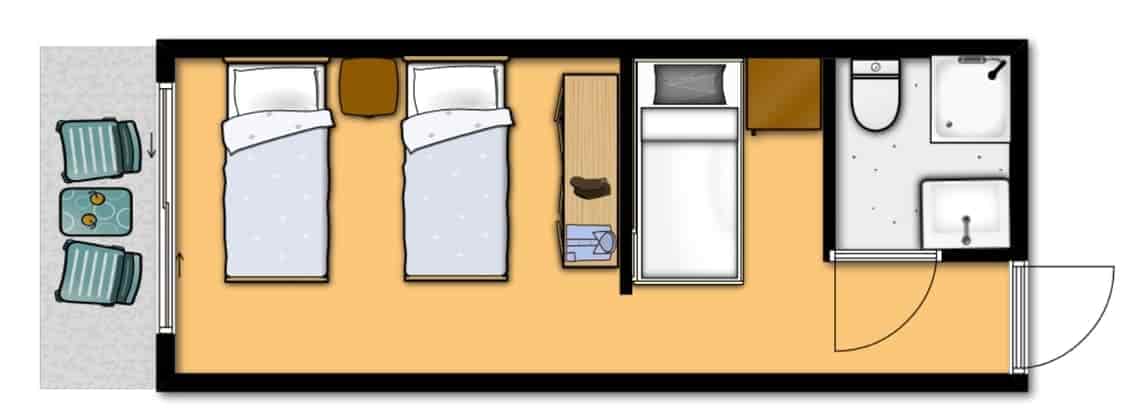 Plan chambre classique Ulysseo avec 4 lits, douche et WC